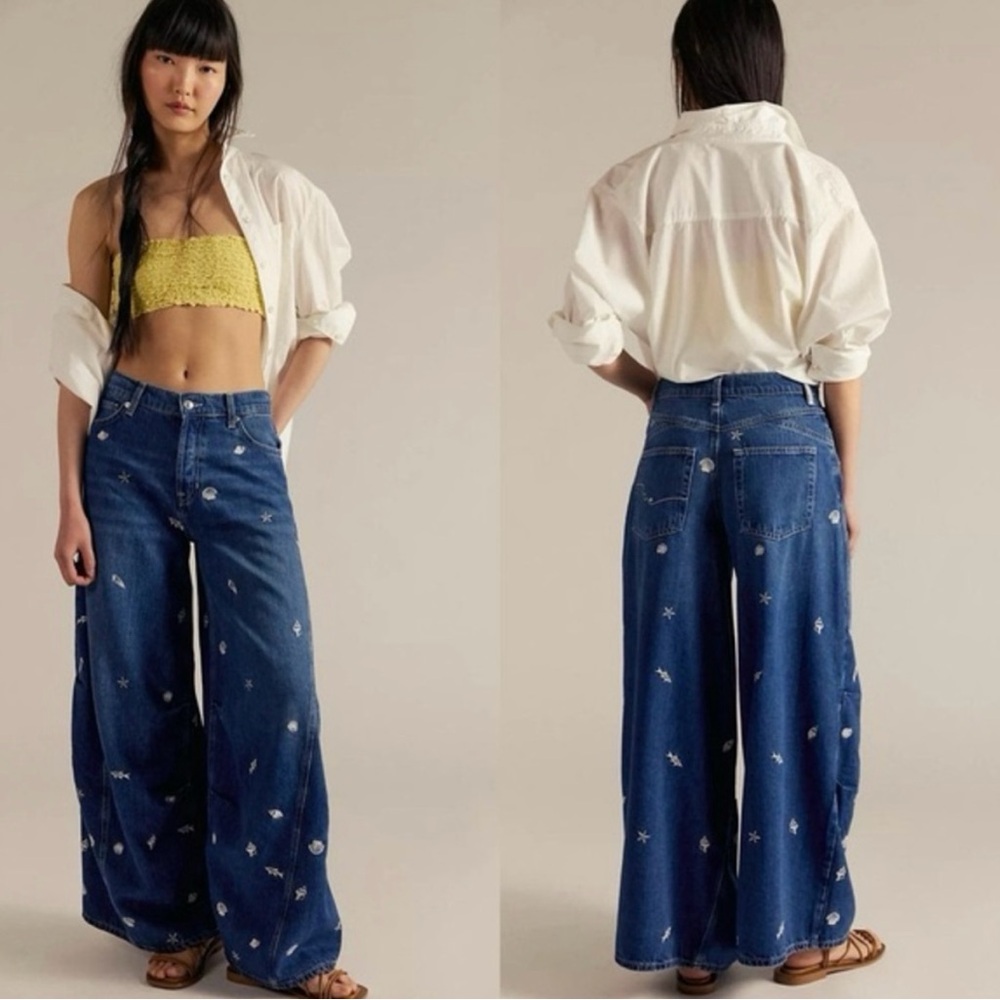 New Free People Westward Embroidered Jeans In Seascape Print Size 29 We The Free - Picture 3 of 16